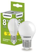 Лампа светодиодная G45 шар 8Вт 230В 3000К E27 GENERICA | код LL-G45-08-230-30-E27-G | IEK